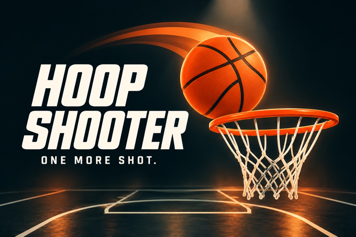 An orange basketball above the hoop, beside the words Hoop Shooter. One more shot.